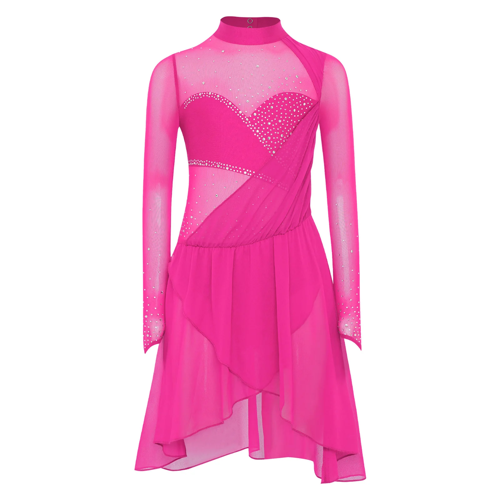 

Girls Figure Skating Lyrical Dance Dress Gymnastics Leotards Ballet Sheer Long Sleeve Rhinestones Mesh Dress Modern Dancewear
