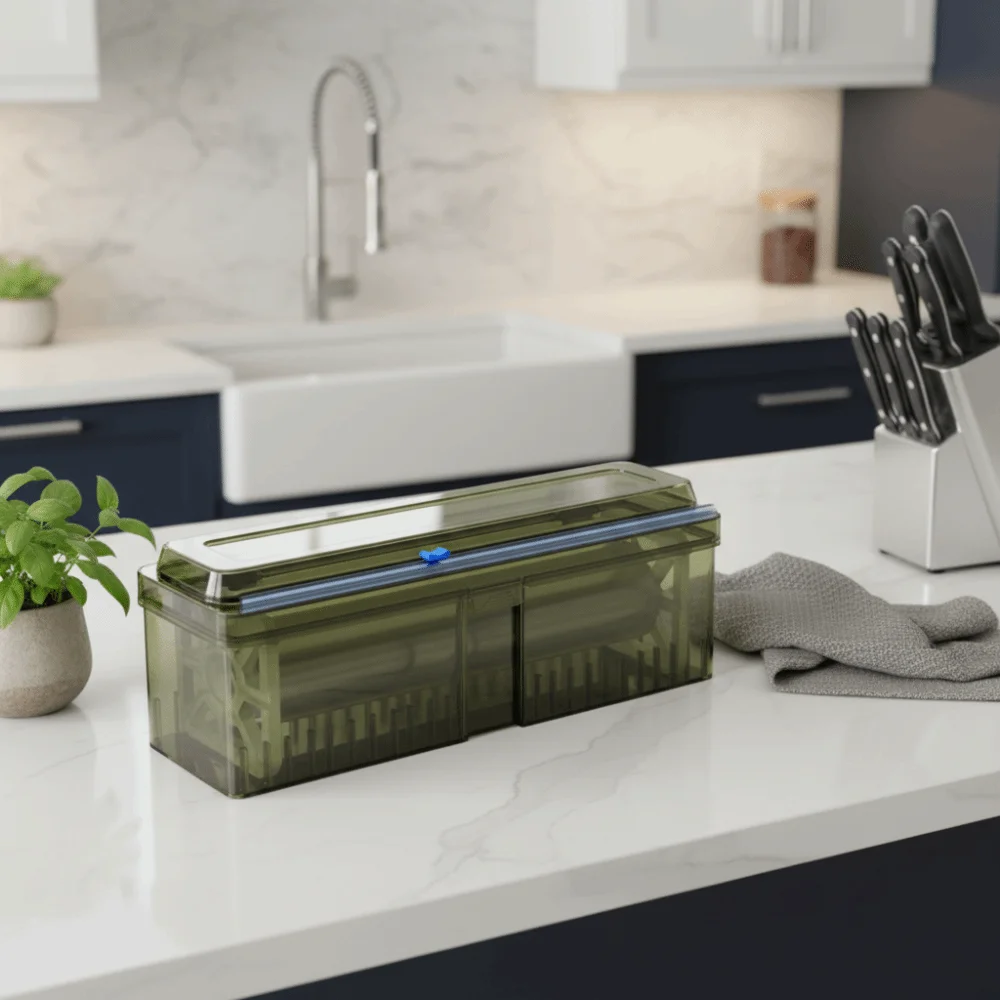 Plastic Cling Wrap Dispenser Refillable with Suction Cups Cling Film Cutter Box Universal Cling Film Organizer Baking Parchment