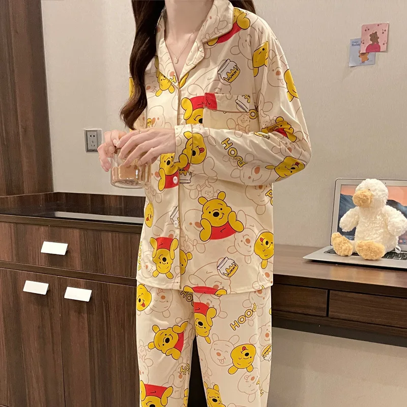 Pajamas Women\'s Disney Cartoon Bear Spring Autumn Pajamas Long Sleeve Trousers New Cartoon Loose Cardigan Pajamas Home Suit