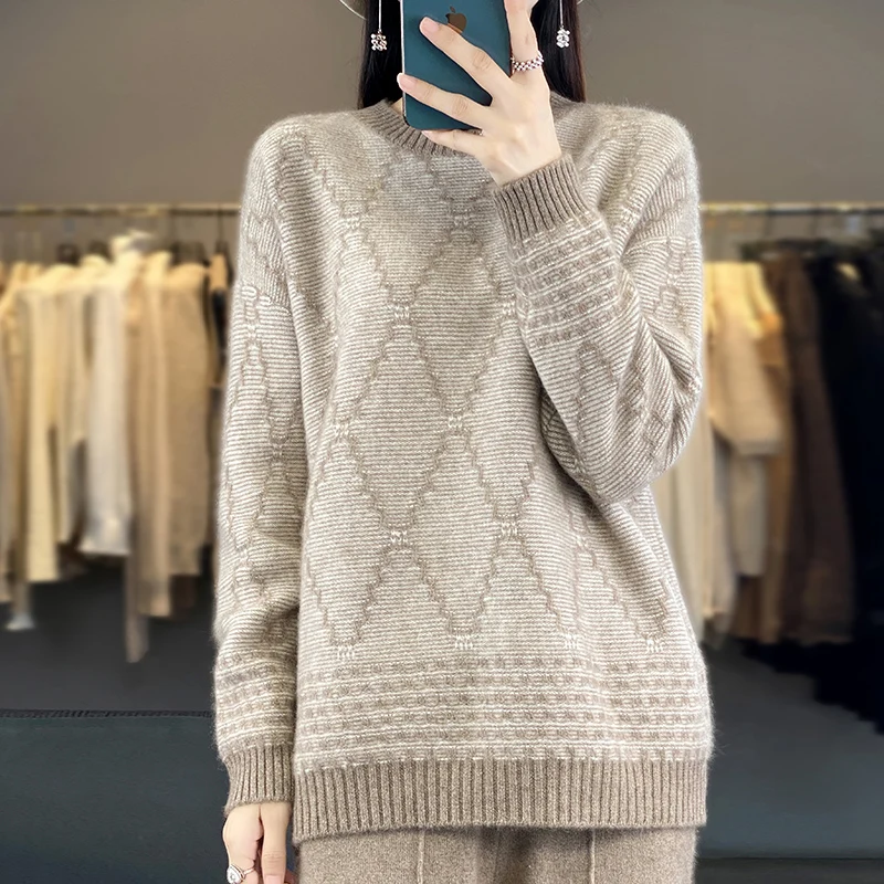 Autumn/Winter 100%Wool Sweater Thicken Pullover Women's Knit O-Neck Loose 100% Pure Wool Sweater New Product Clothing For Female