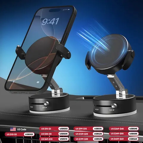 Vacuum Magnetic Phone Holder for iPhone 17 16 15 Pro Max Upgraded 360° Adjustable 2-in-1 Foldable Suction Cup Stand with Clamp