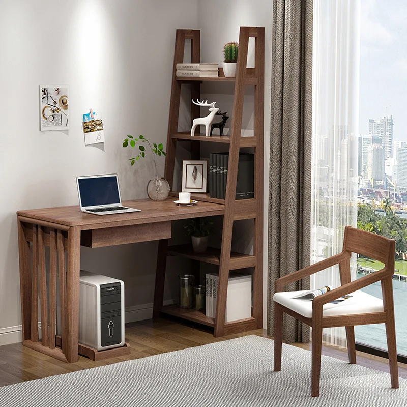 All solid wood desk bookshelf combination modern simple corner home writing desk