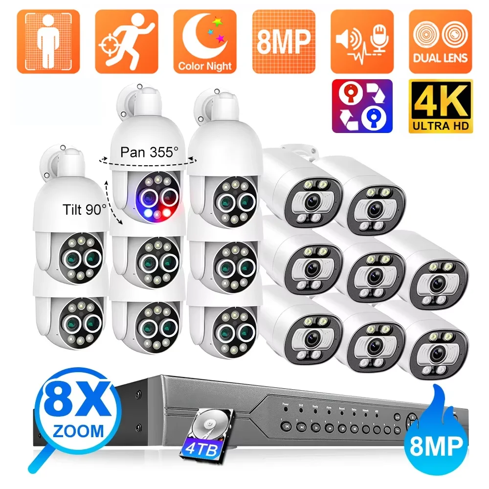 16CH 4K PTZ 8X Hybrid Zoom POE Security System 5/8MP Dual Lens IP Camera Recorder CCTV Surveillance Protection Set