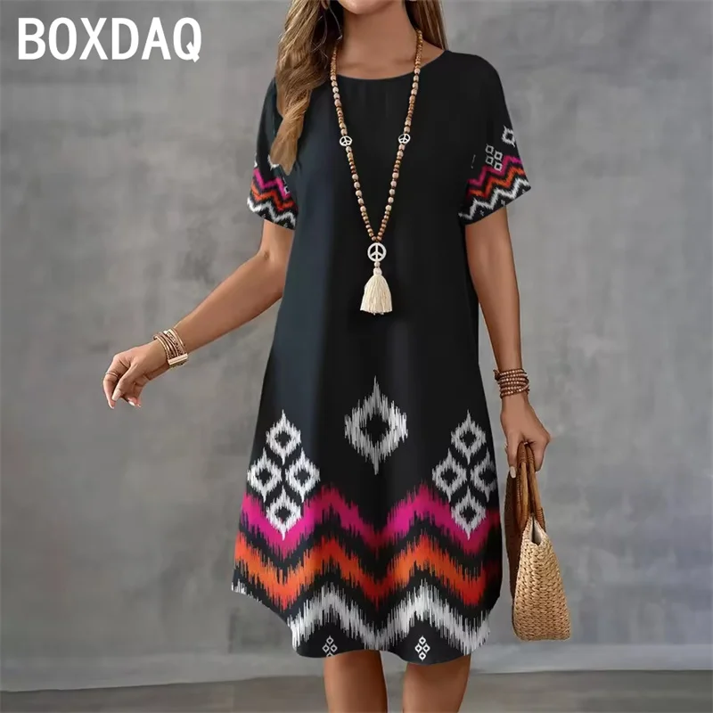 Vintage Women's Dress Retro Boho Ethnic Pattern A-Line Dress Elegant Lady Short Sleeve O-neck Casual Dress Vestidos De Mujer