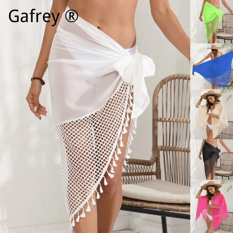 

Женская шифоновая юбка-накидка с прозрачными сетчатыми вставками и бахромой, цельная, на завязках, пляжная накидка-шарф для защиты от солнца для летнего отдыха