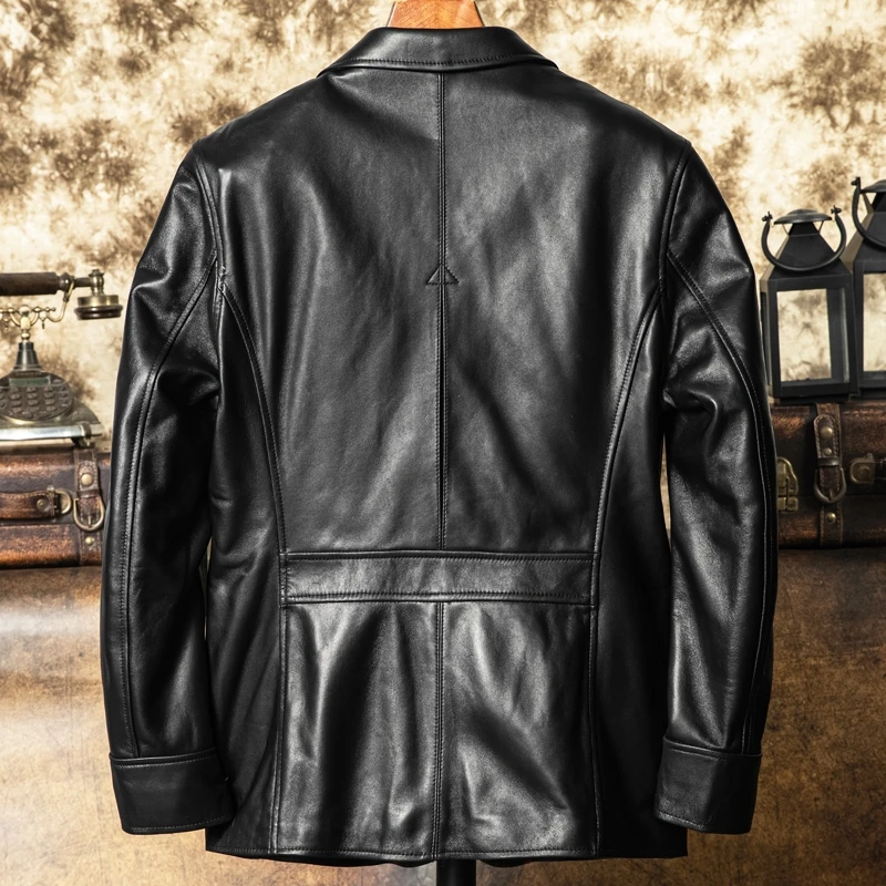 Black Autumn Leather Jacket Men Smart Casual Style Plus Size 4XL Natural Sheepskin Double Pockets Genuine Leather Coat