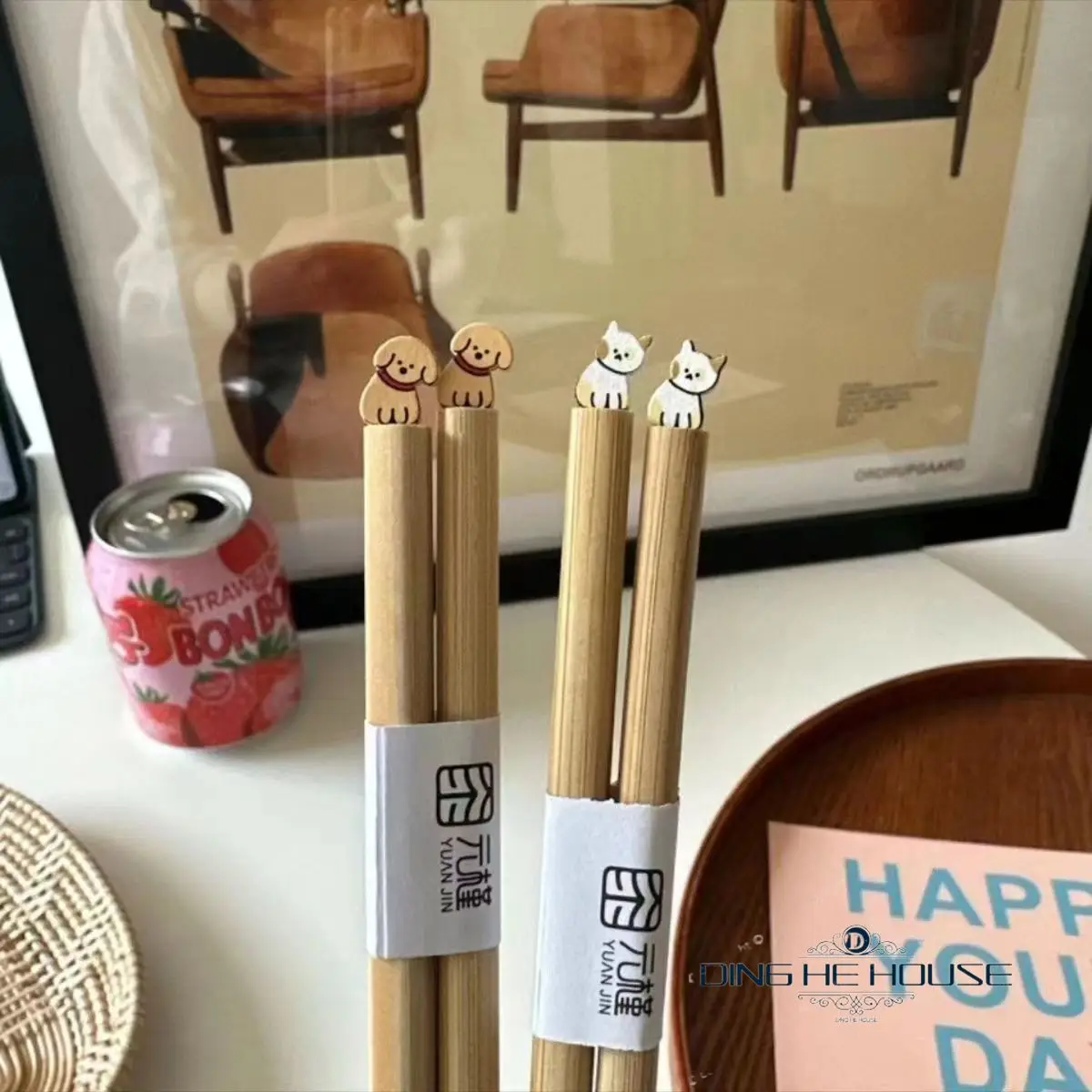 Cute Cat Dog Chopsticks Cartoon Household Reusable Kitchen Tableware Couple Practical Good-looking Hand-carved Wooden Dinnerware