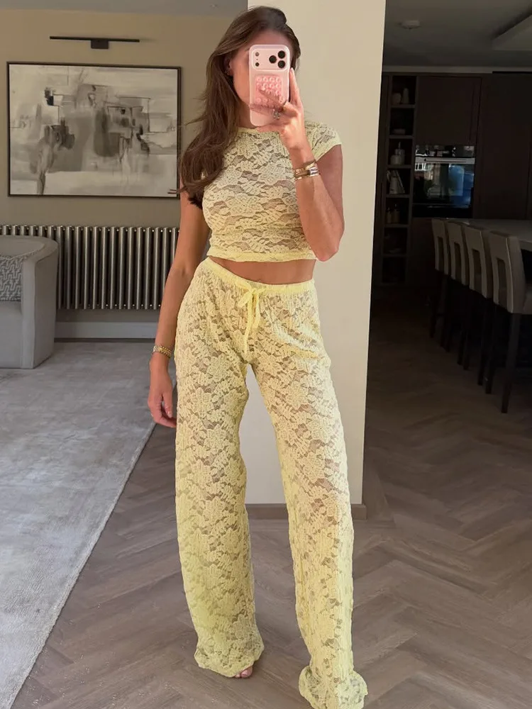 

Apprabant Summer Sheer Lace Pants Two-Piece Set Women O Neck See-Through T-Shirt Fashionable Casual American High Street Outfit