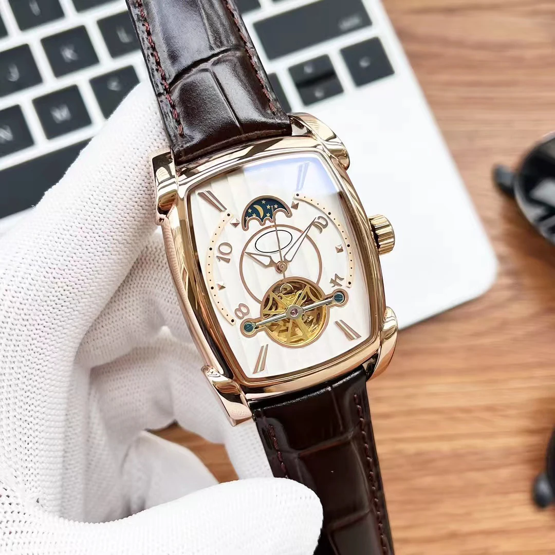 

High-quality men's business luxury fully automatic mechanical wristwatches, barrel-shaped tourbillon day-moon watches