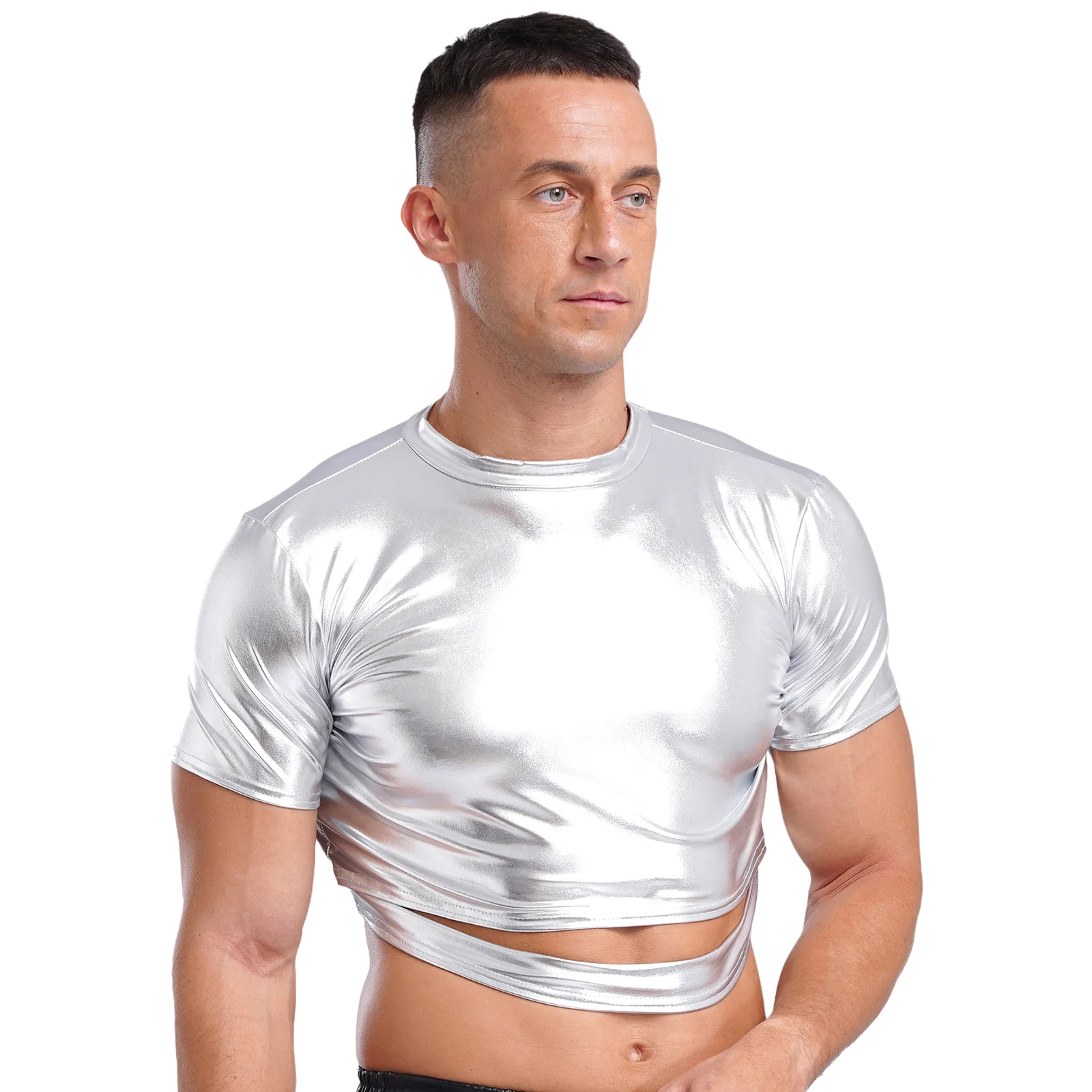 Mens Metallic Shiny Slim Crop Top Mock Neck Short Sleeve Cut Out Shirts Tops Fashion Blouses for Jazz Dance Disco Party Clubwear