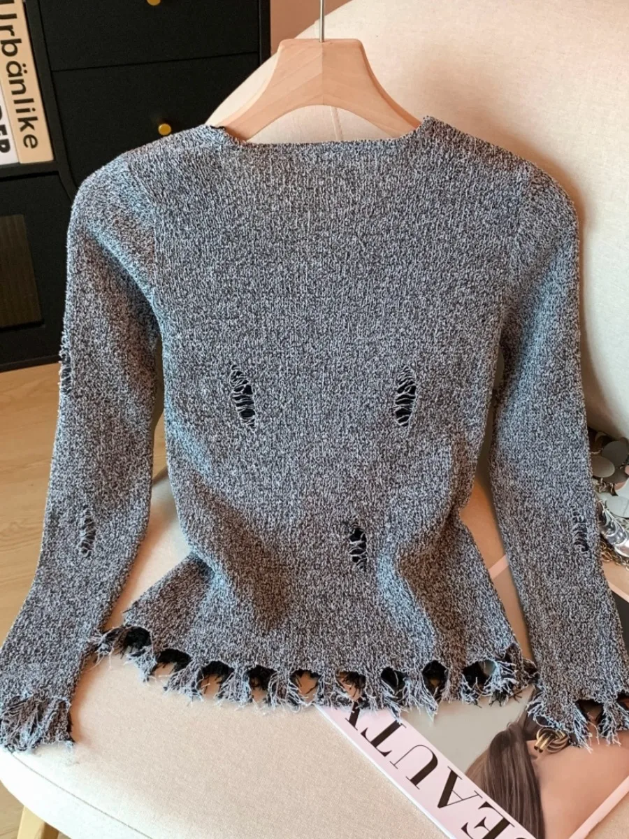 Feminino longo sve v-ne malhas borla design sensação início do outono cor blo buraco design auto-kee sle topo