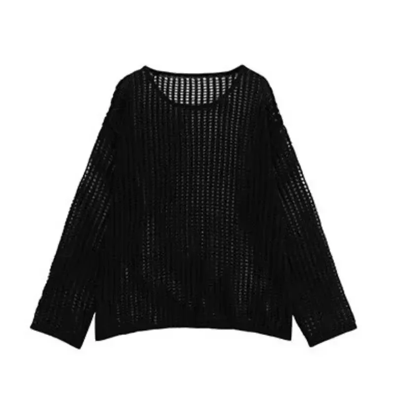 PTKPCC Female Personality Loose Casual Solid Pullovers Women Breathable Hollow Out Lazy Style Japanese Version Sweater Summer
