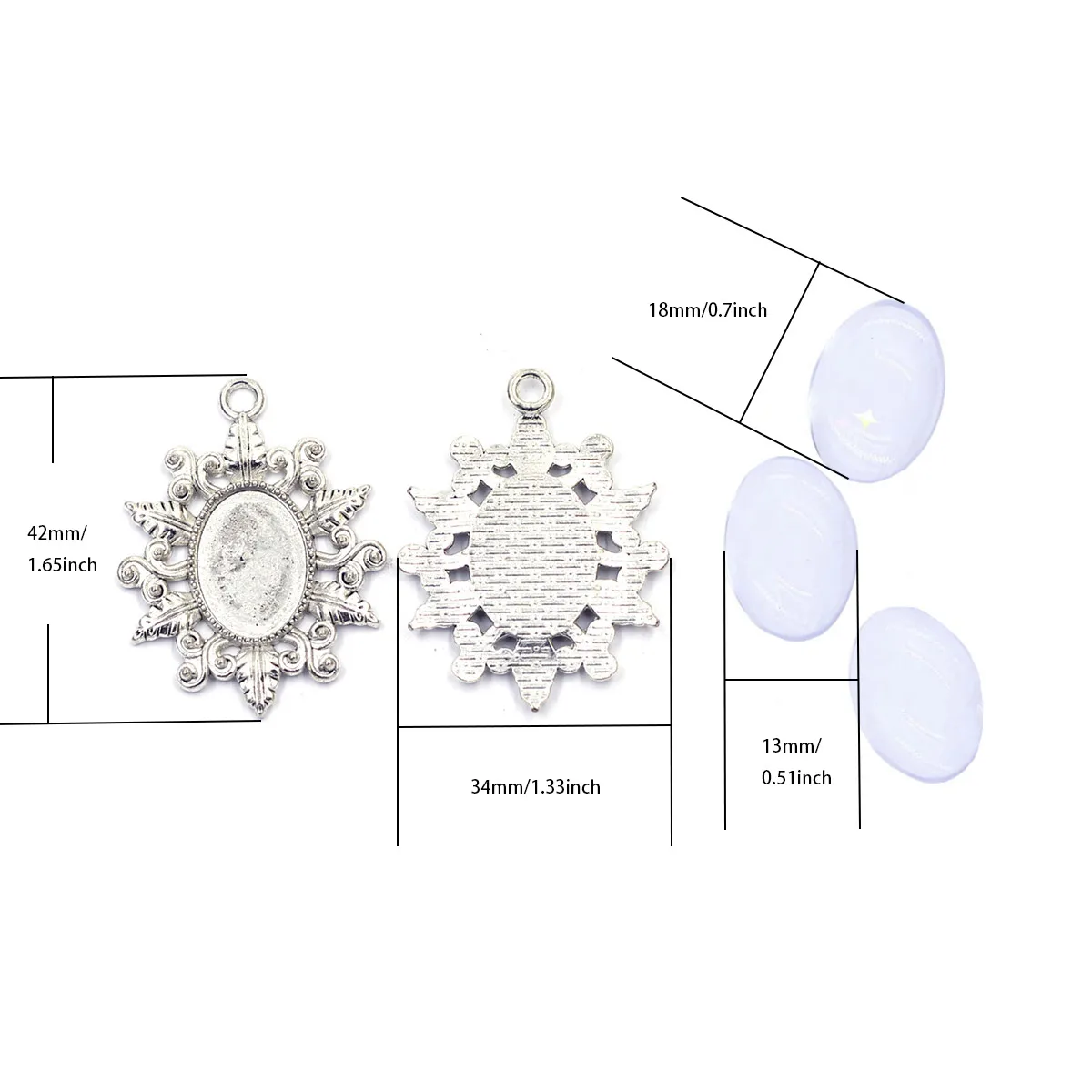 20Sets Silver Tone Oval Base Setting Charm Pendants 42x34mm with Cabochons 13x18mm Handmade Sweater Necklace Crafts Accessories