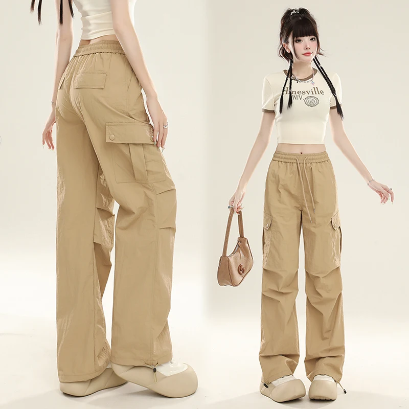 Kstoun estilo americano feminino paraquedista calças retas ao ar livre calças casuais multi-bolsos calças de carga verão moletom plissado