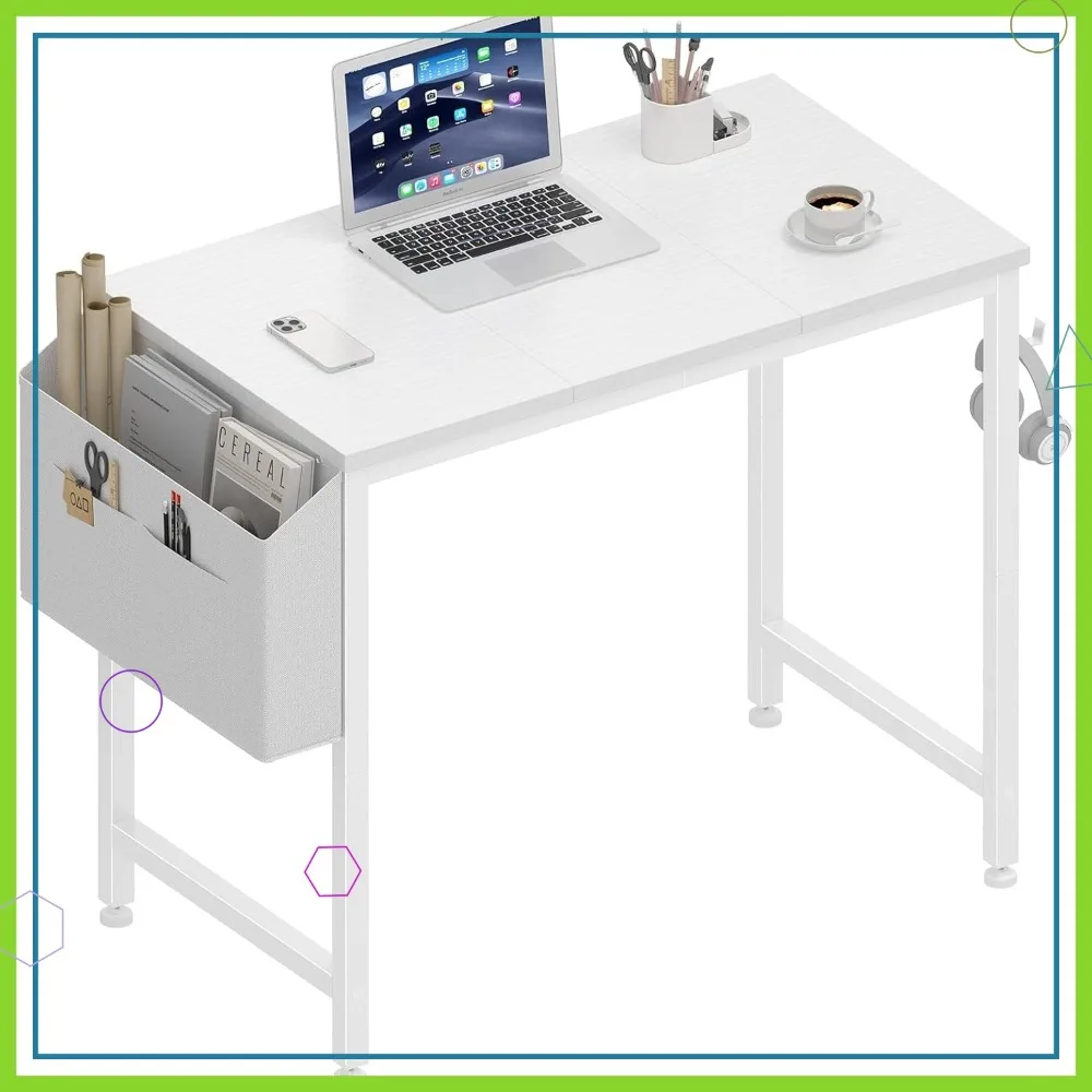 

32-дюймовый маленький белый стол для девочек, для учебы и письма, современный приставной столик для ноутбука с сумкой для хранения и крючком для наушников, белый