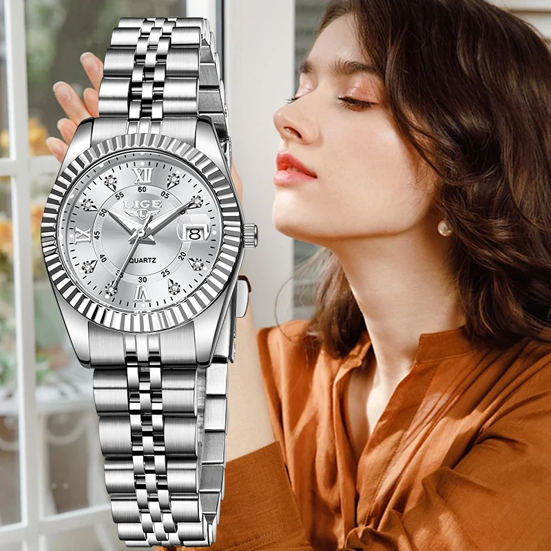 LIGE Design Quartz Woman Watch Fashion Top Brand Luxury Auto Date Stainless Steel Band Waterproof Women's Wristwatch Reloj Mujer