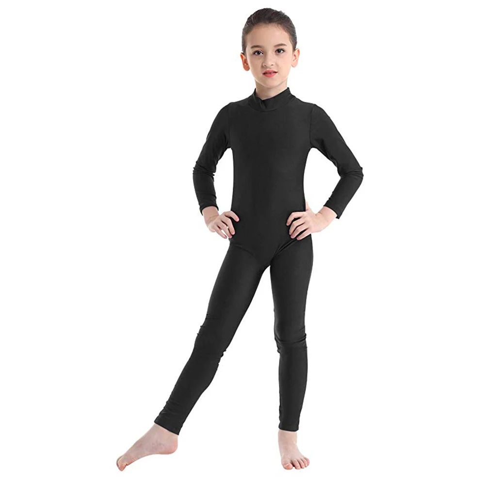 AOYLISEY Kids Ballet Skate Dance Unitard Girls Gymnastics Full Body Leotard Black Long Sleeve Bodysuit Children Jumpsuit Wear