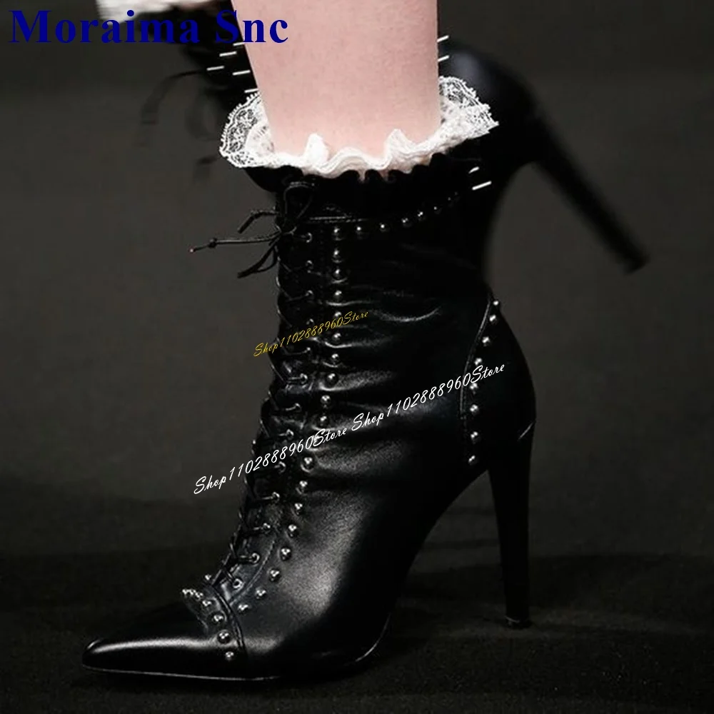 Runway Cross Tied Black Rivet Ruffles Ankle Boots Thin High Heel Women Shoes Side Zipper Pointed Toe 2024 Zapatos Para Mujere