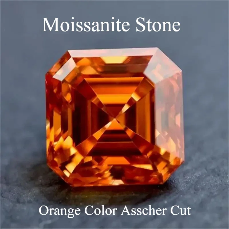 

Moissanite Stone Orange Color Asscher Cut Lab Grown Gemstone Jewelry Making Material Pass Diamond Tester With GRA Certificate