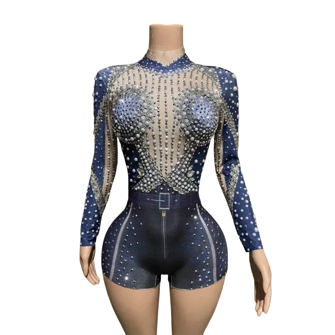 

Shinning Beaded Rhinestone Romper For Women Long Sleeve Stretch One Piece Bodysuits DJ DS Night Clubwear Singer Pageant Costume