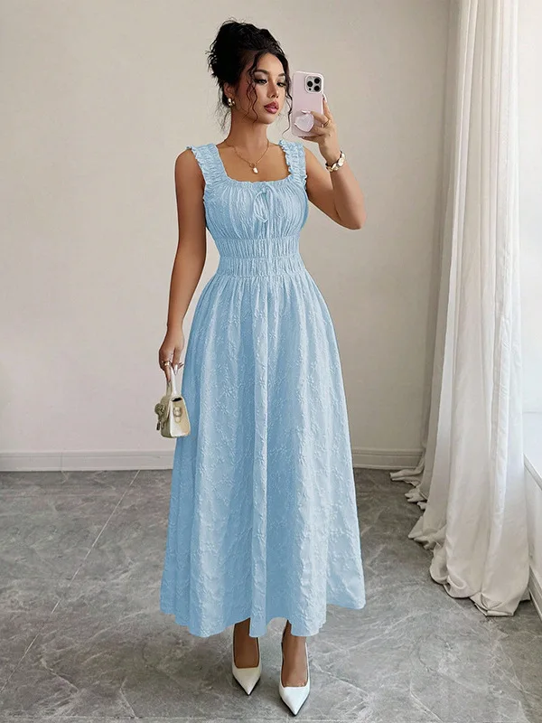 High Waist Long Sleeveless Korean Style Women's Dress Pure Color Square Collar Embellished with Wood Grain Flower Pattern Sli...
