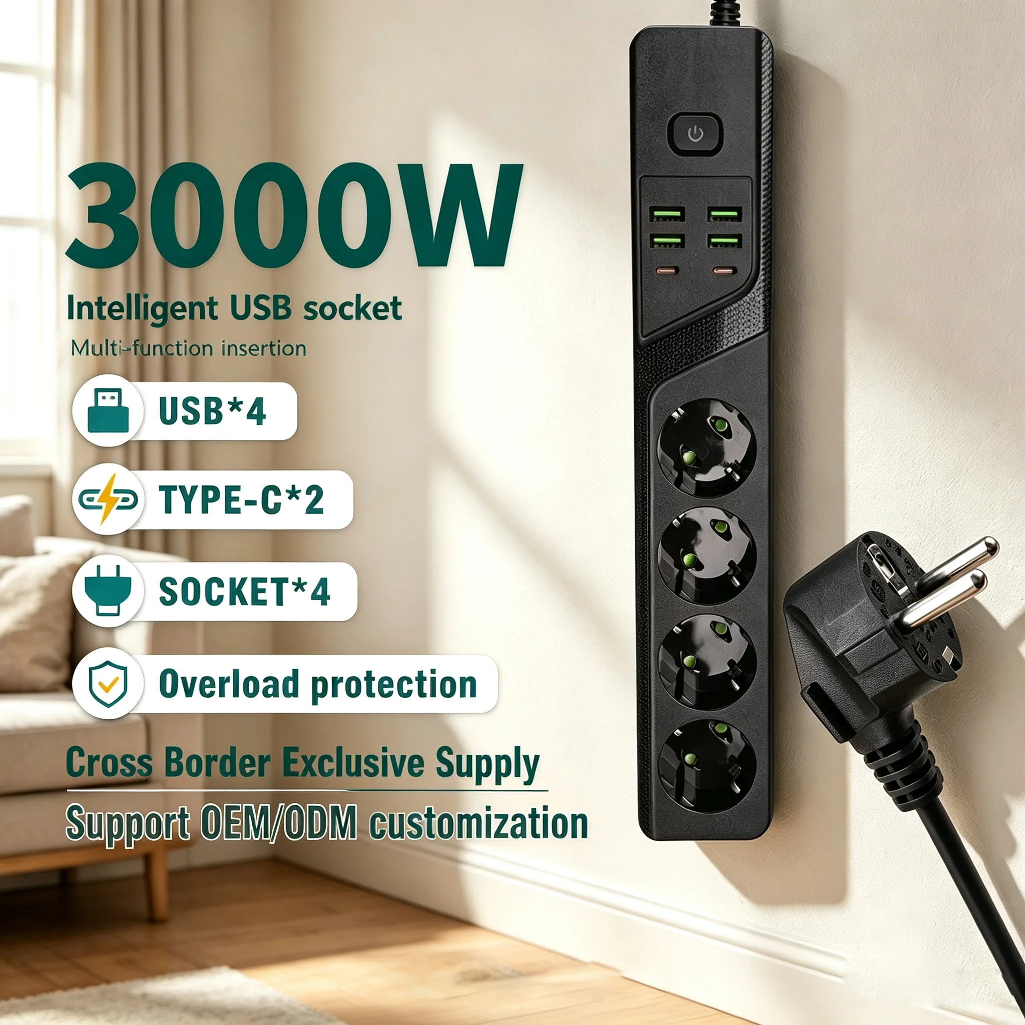 EU Plug USB 3000W Power Socket Plug Overload Protection Extension Cable 4 Universal Plugs  4 USB 2 Type C Ports High-Power Strip