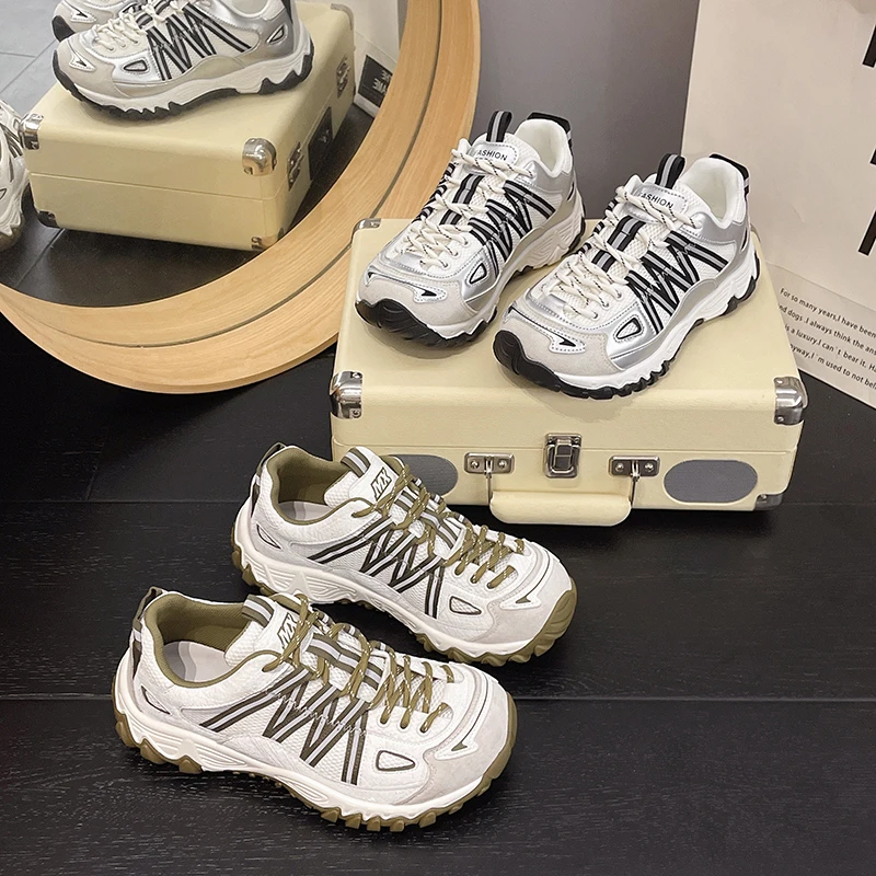 Women Stripe Lace Up Hiking Sneakers Breathable Mesh Non Slip Thick Sole Outdoor Walking Sports Shoes Daily Street Fashion Wear