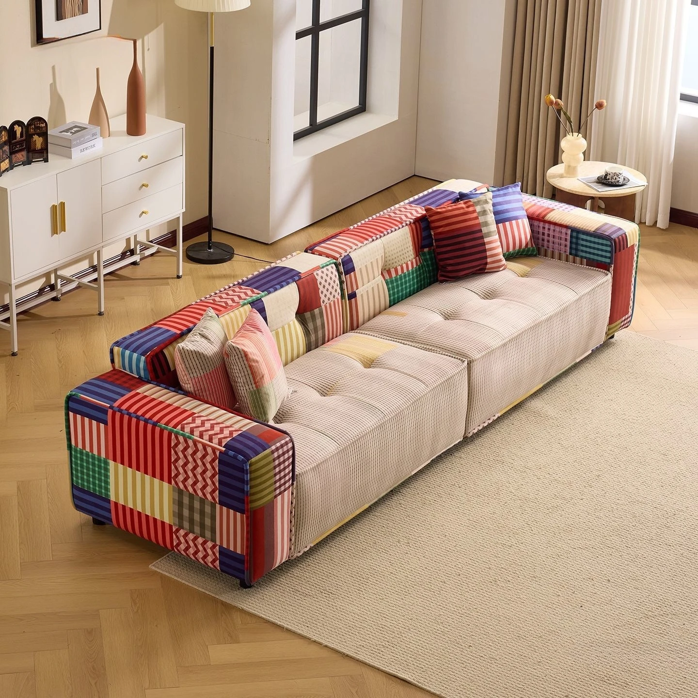 Living room straight row single and double three-person retro homestay hotel sofa