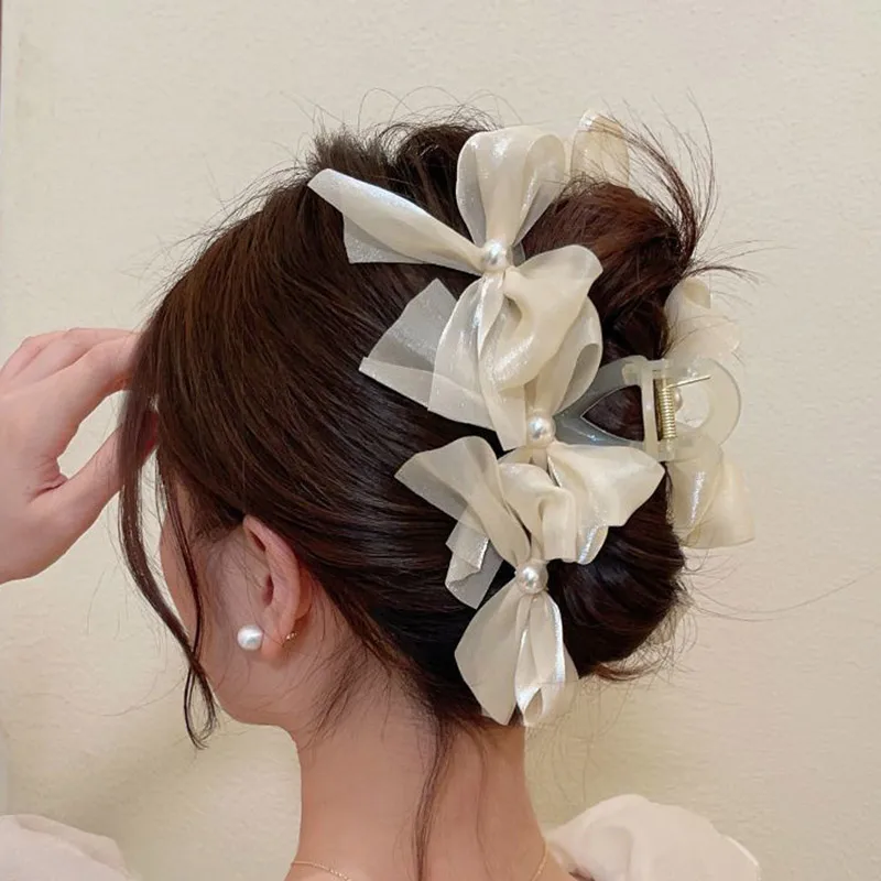 

Сетчатый марлевый бант, когти для волос, милая девушка, жемчужный бант, заколки в виде акулы, заколки на затылке, модные аксессуары для волос