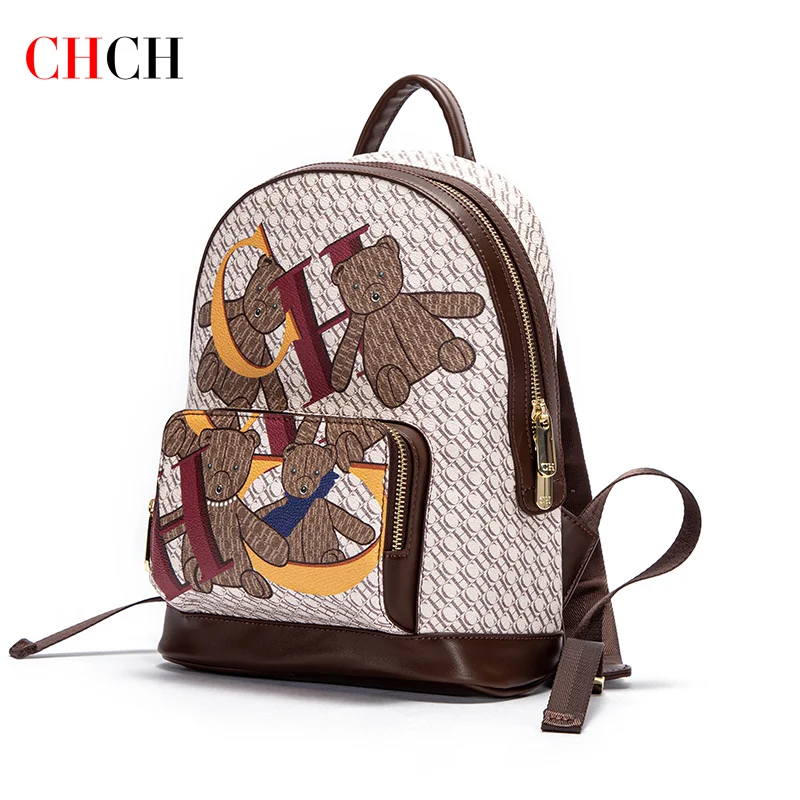 CHCH Women\'s Backpack 2024 New Bear Cartoon Pattern Letter Design Backpack