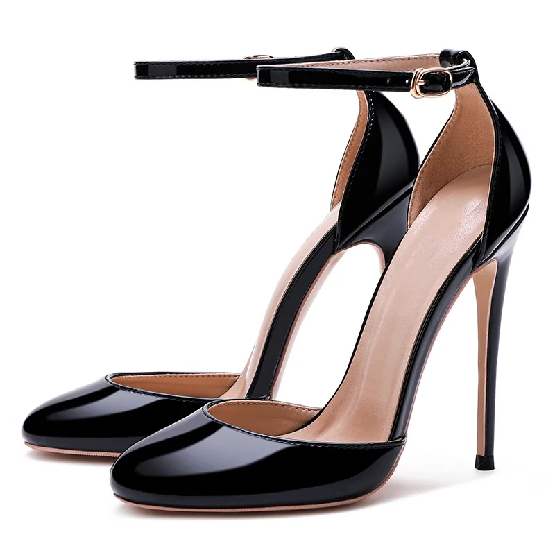 Keshangjia Black Patent Leather Women Ankle Strap Stiletto Pumps Round headToe Sexy High Heel Shoes 10cm 12cm Customize 33-46