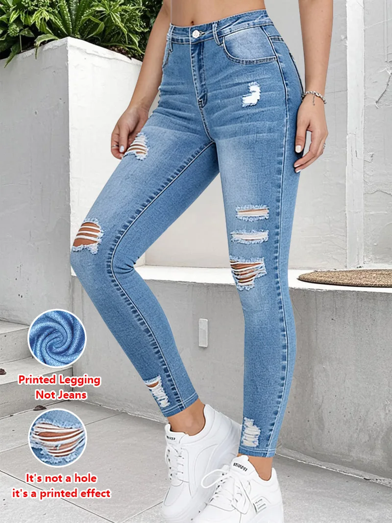 1257 Ladies Printed Denim Look Slim Fit Pants Non-Leather Material Wearable All Seasons Casual Wear