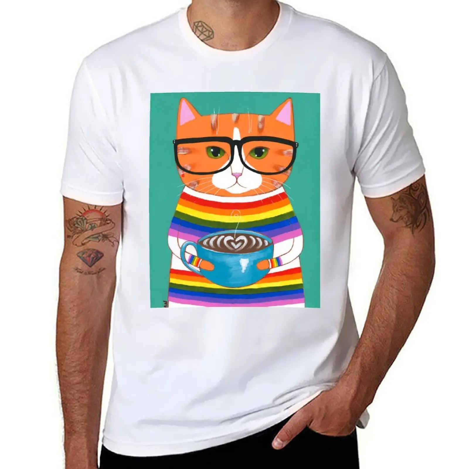 

Ginger Rainbow Coffee Cat T-Shirt essential t shirt t shirt man plain t shirts for man cotton soft T-shirt