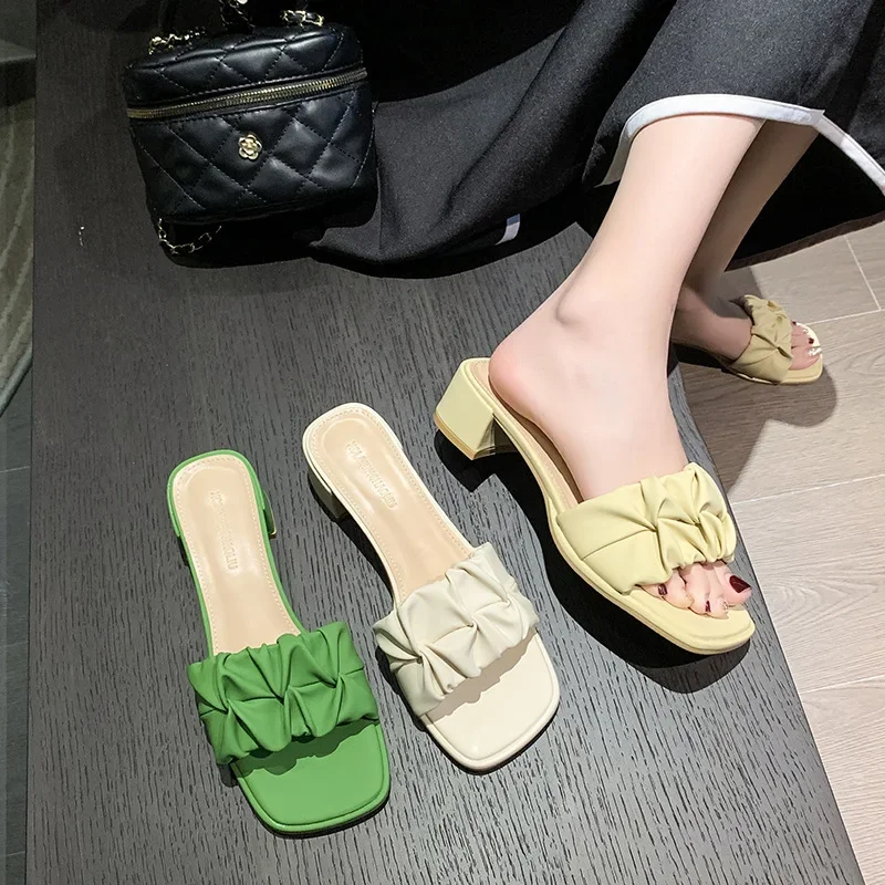 Women Pleated Slippers Sandals Ladies Soft Comfortable Sexy Thick High Heel Sandals Fashion Green Heels Slides