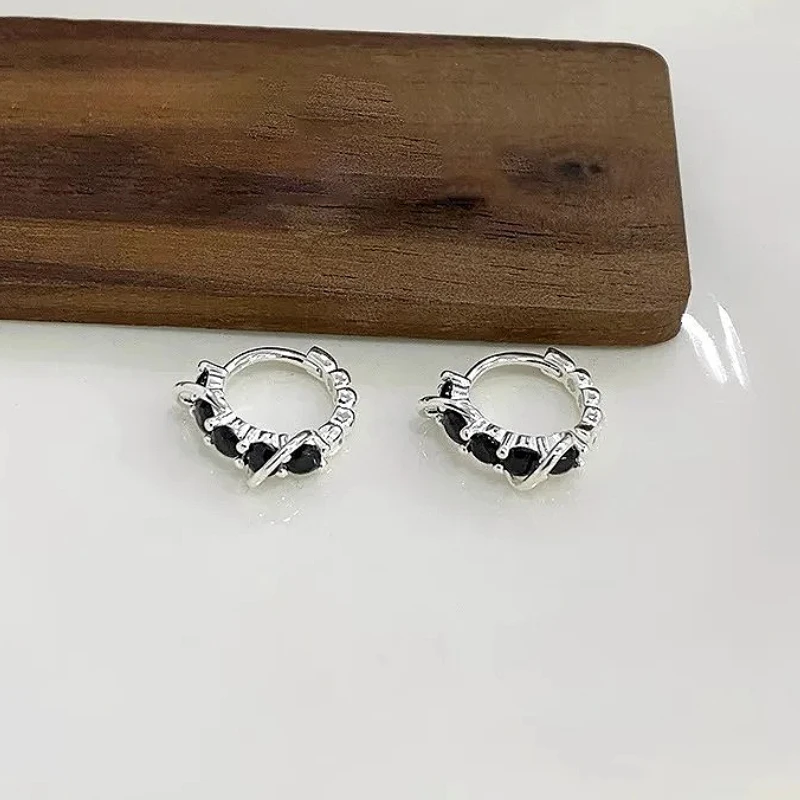 

925 Sterling Silver Black Accents Surround Round Hoop Earring for Women Fine Jewelry High Luxury Vintage Accessories