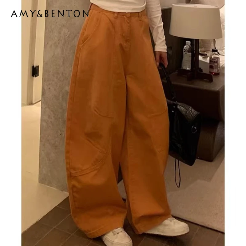 

American Retro Orange Fleece-Lined Women's Jeans 2025 Winter Sweet Cool Hot Girl Loose Slimming Wide-Leg Long Trousers Ladies