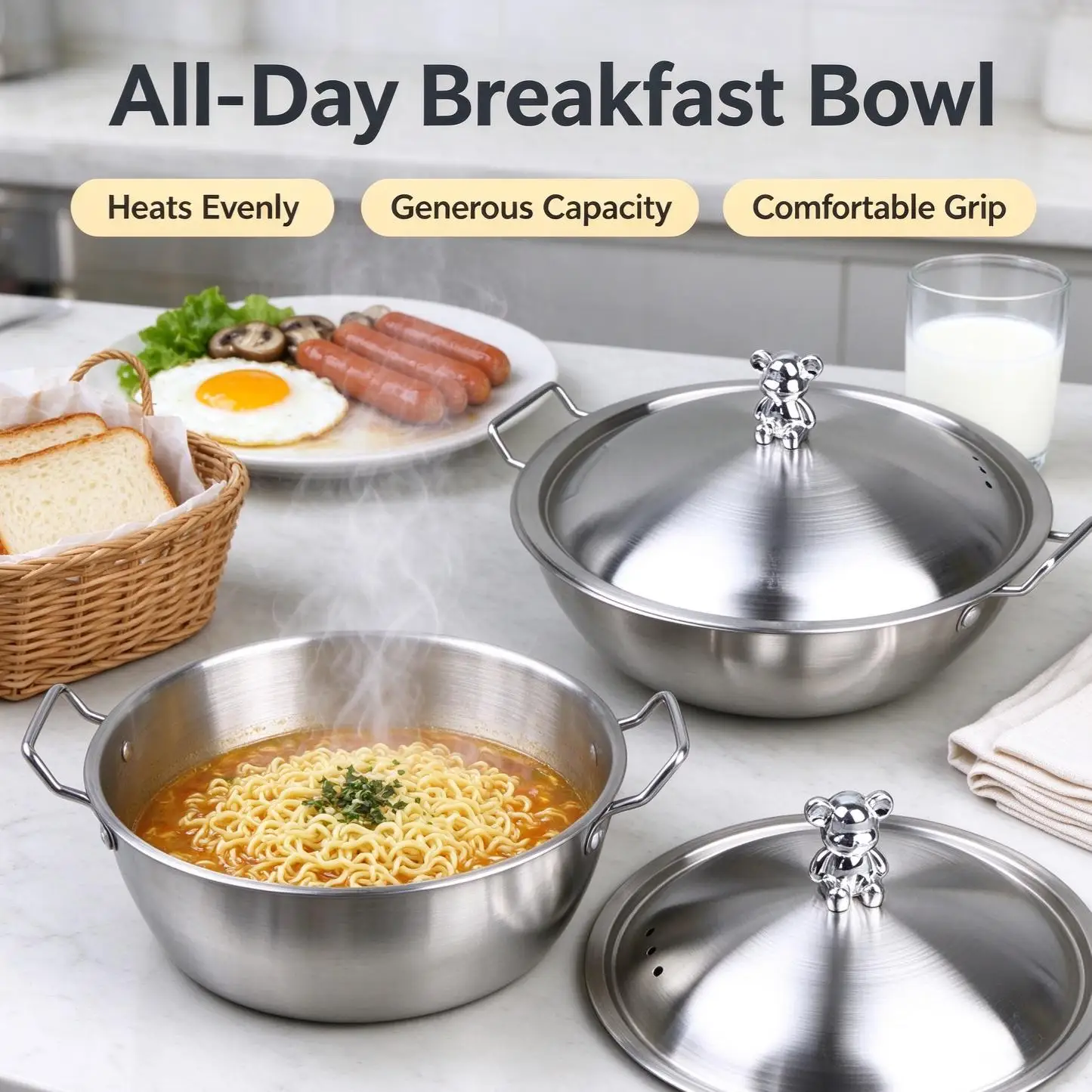 201 Stainless Steel Double Ear Handle Salad Bowl Wide Mouth Convenient For Fruit Vegetable Mixing Cooking