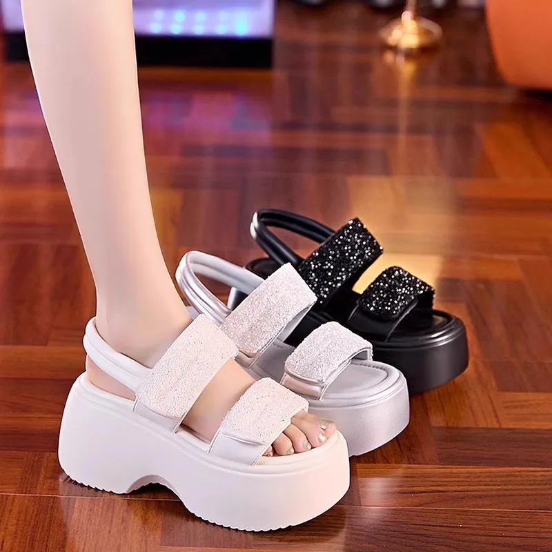 

Rhinestone Sandals Female Shoe 2025 Women's Buckle Strap Open Toe Clogs Wedge Increasing Height Girls New Summer Beach Peep Plat