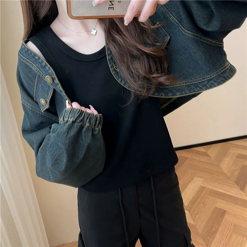 

Женская винтажная короткая джинсовая куртка премиум-дизайна, жилет, комплект из двух предметов, корейский стиль, весна-осень 2021, модный, уменьшающий возраст