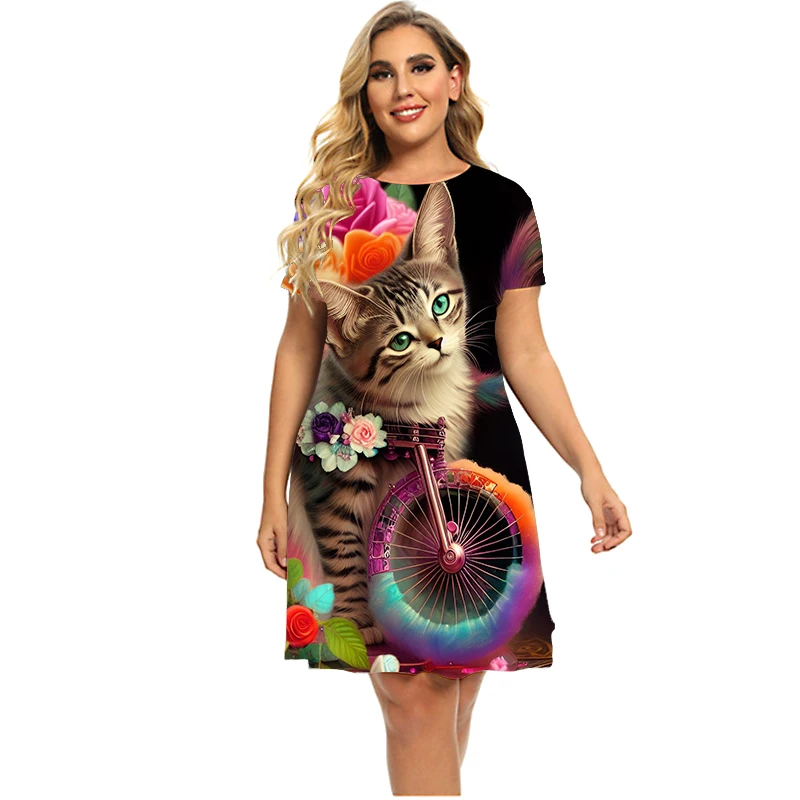 Grappige Katten 3D Print Vrouwen Jurk Sweet Casual Party Korte Mouwen A-lijn Jurk Zomer Plus Size Losse Jurken Mode Kleding 6XL