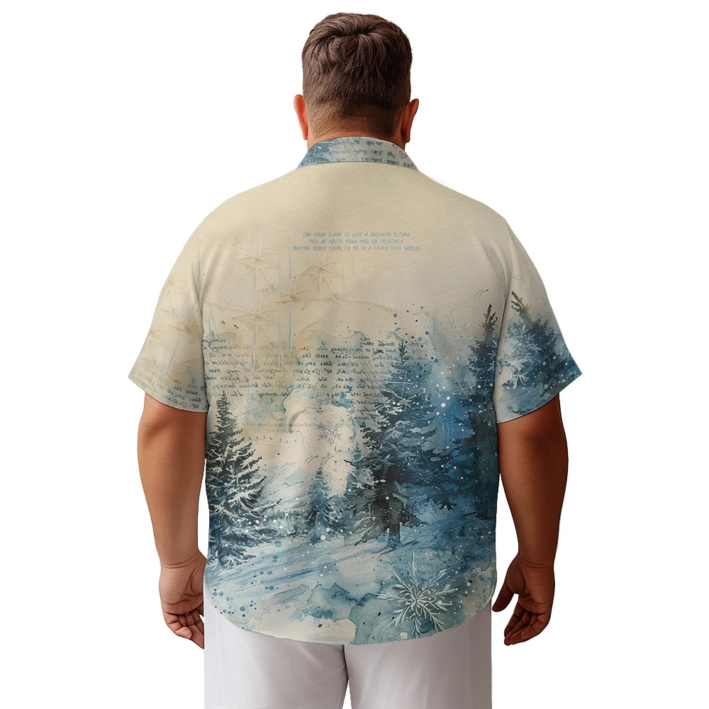 2024 new  camisas de hombre Winter pine landscape painting printed clothing men's shirt loose large size casual short-sleeved