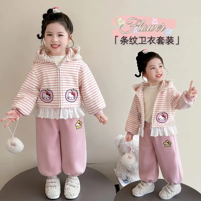 

Осенне-зимний плюшевый комплект для девочек в стиле аниме «Hello Kitty», модная зимняя одежда с героями мультфильмов, комплект из двух предметов для детского отдыха