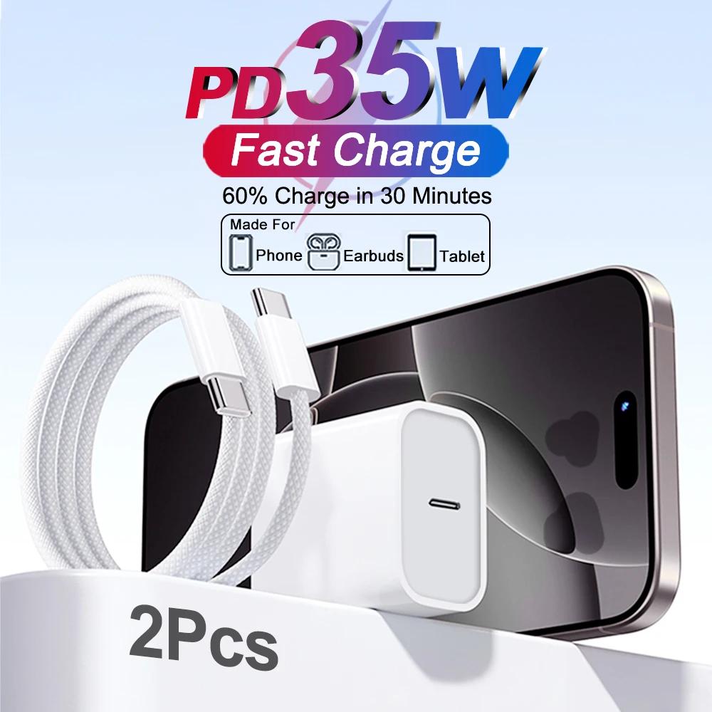 

2PCS For Apple Original PD 35W US Fast Charger For iPhone 16 11 12 13 14 15 17 Pro Max Air USB Type C Fast Charger Adapter Cable