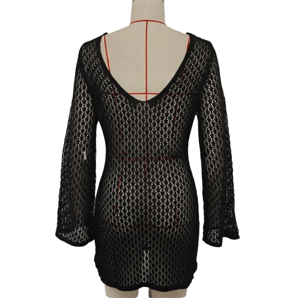 Deep V-Neck Knit Cover-Up Dress Long Sleeve Slim-Fitting Beach Cover-Up Dress Hollow-Out Texture Sun Protection Hollow-Out Dress