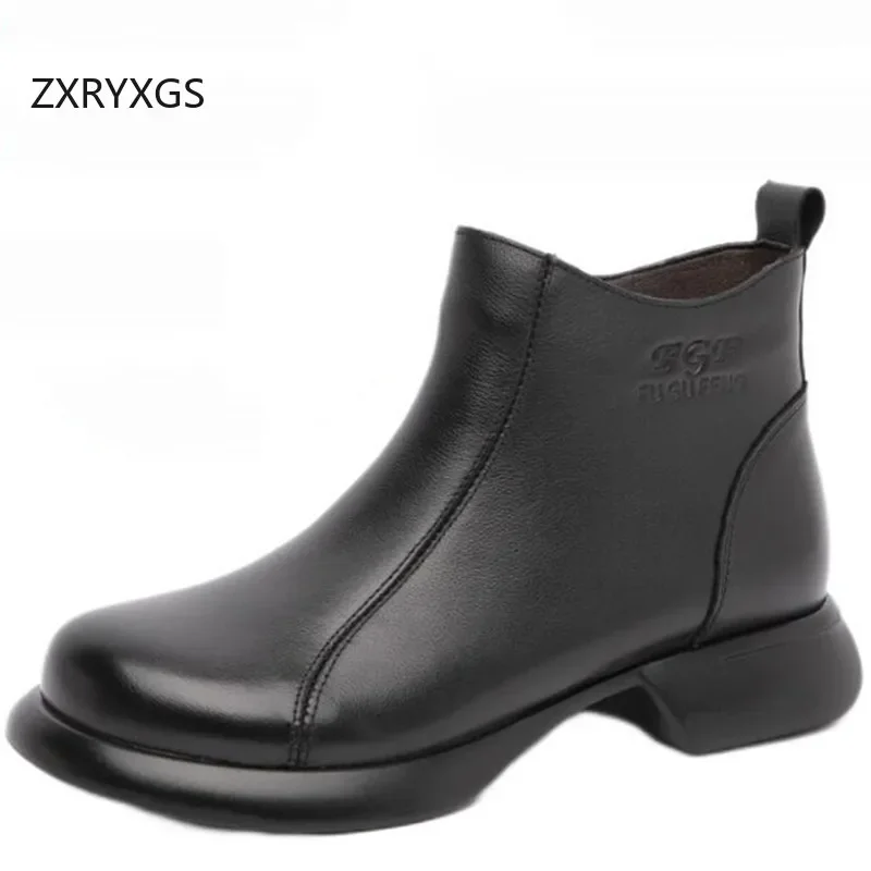 

ZXRYXGS Женские кожаные ботинки из воловьей кожи на толстом низком каблуке, одинарные туфли, новинка 2025, модные элегантные осенне-зимние ботинки, теплые зимние ботинки