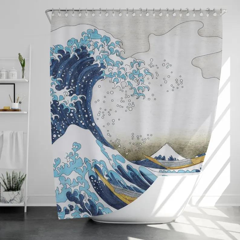 The Great Wave off Kanagawa Shower Curtain with 12 Hooks Waterproof, Japanese Style Bathroom Decor, Housewarming Gift