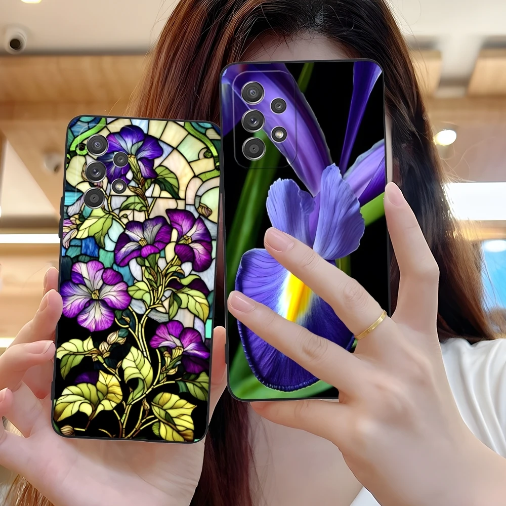 Iris Flower Pretty Mobile Cell Phone Case for Samsung Galaxy A91 73 71 70 54 53 52 34 24 23 21 S 5G Black Soft Phone Cover Shell