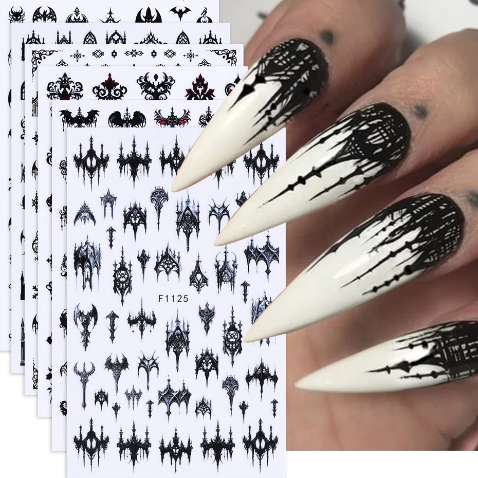 4/6 Stück Gothic Schwarz Nagelaufkleber Y2K Elegante geschnürte Designs Halloween Totenkopf Schloss Fledermaus selbstklebende Nagelaufkleber Maniküre Dekoration
