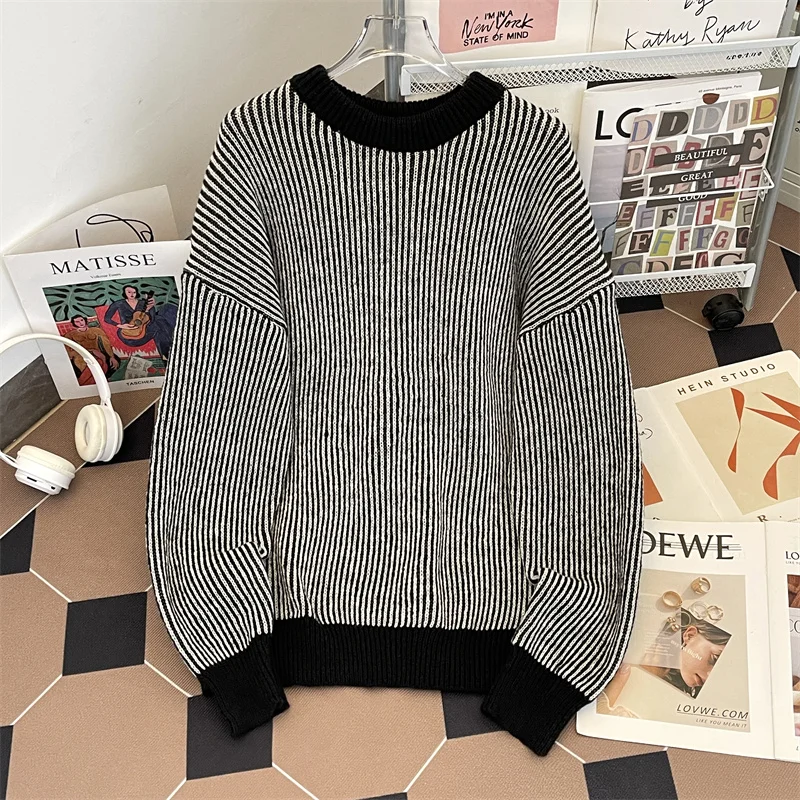 

round Ne Overhead Striped Knitwear Men's Loose Casual Long Sve Trendy Autumn Winter New Sle Polyester Fiber