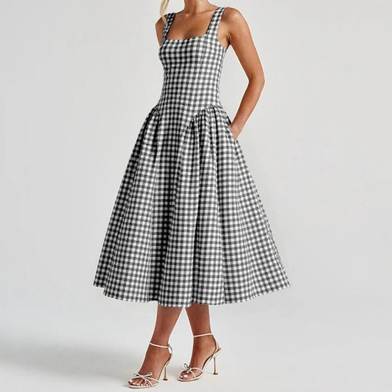 

Plaid Printed Spaghetti Strap Sexy A-line Dress Women 2026 Elegant Summer Dress Backless Party Midi Dress Vestidos